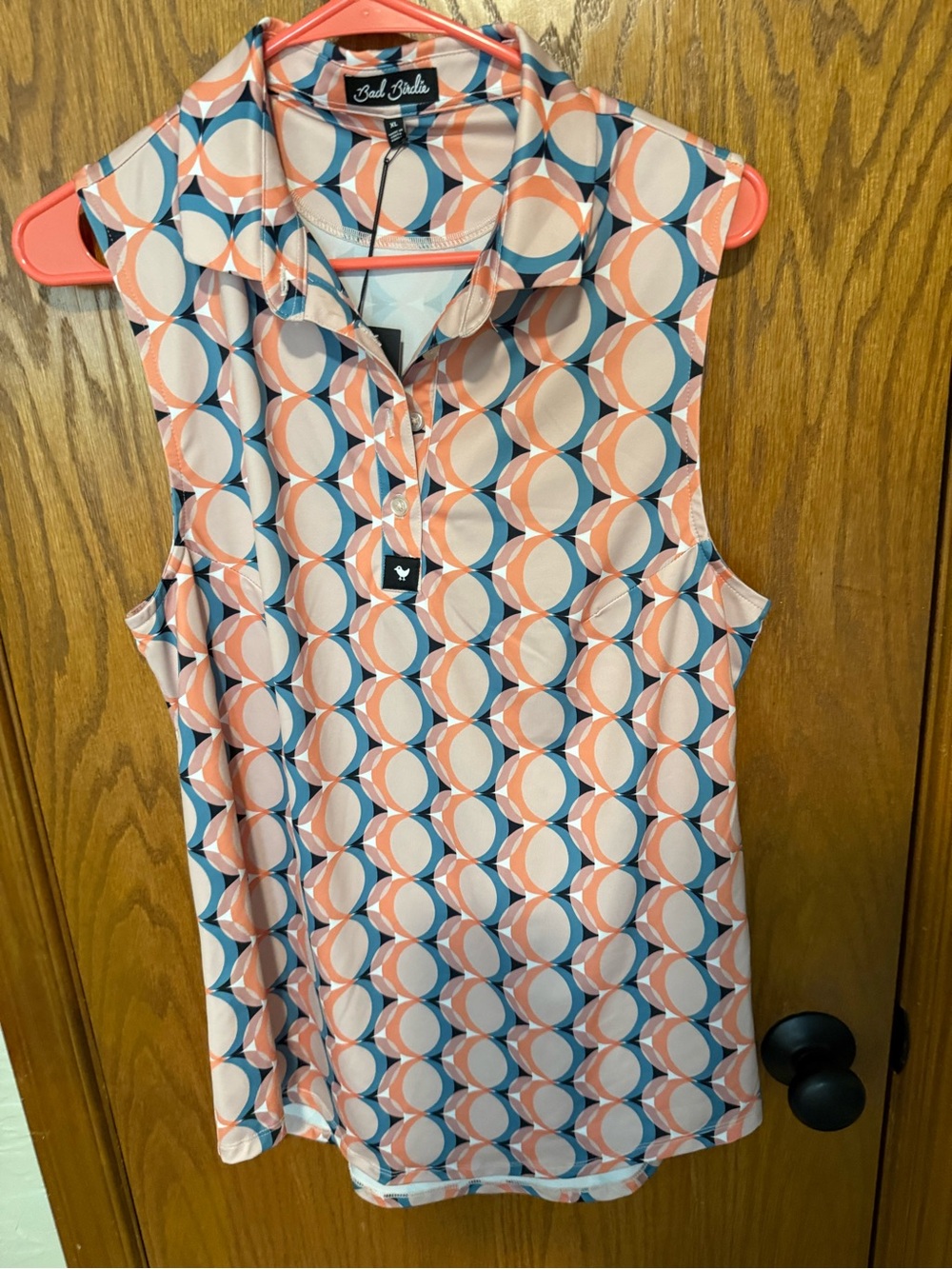 Bad Birdie Coral, Navy & Cream Retro Circle Sleeveless Polo